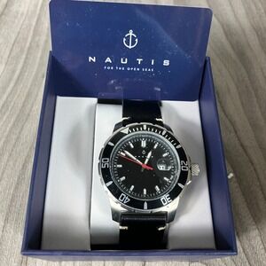 Nautis Dive Pro 200 Leather Band Watch w/Date - Black on Black NEW